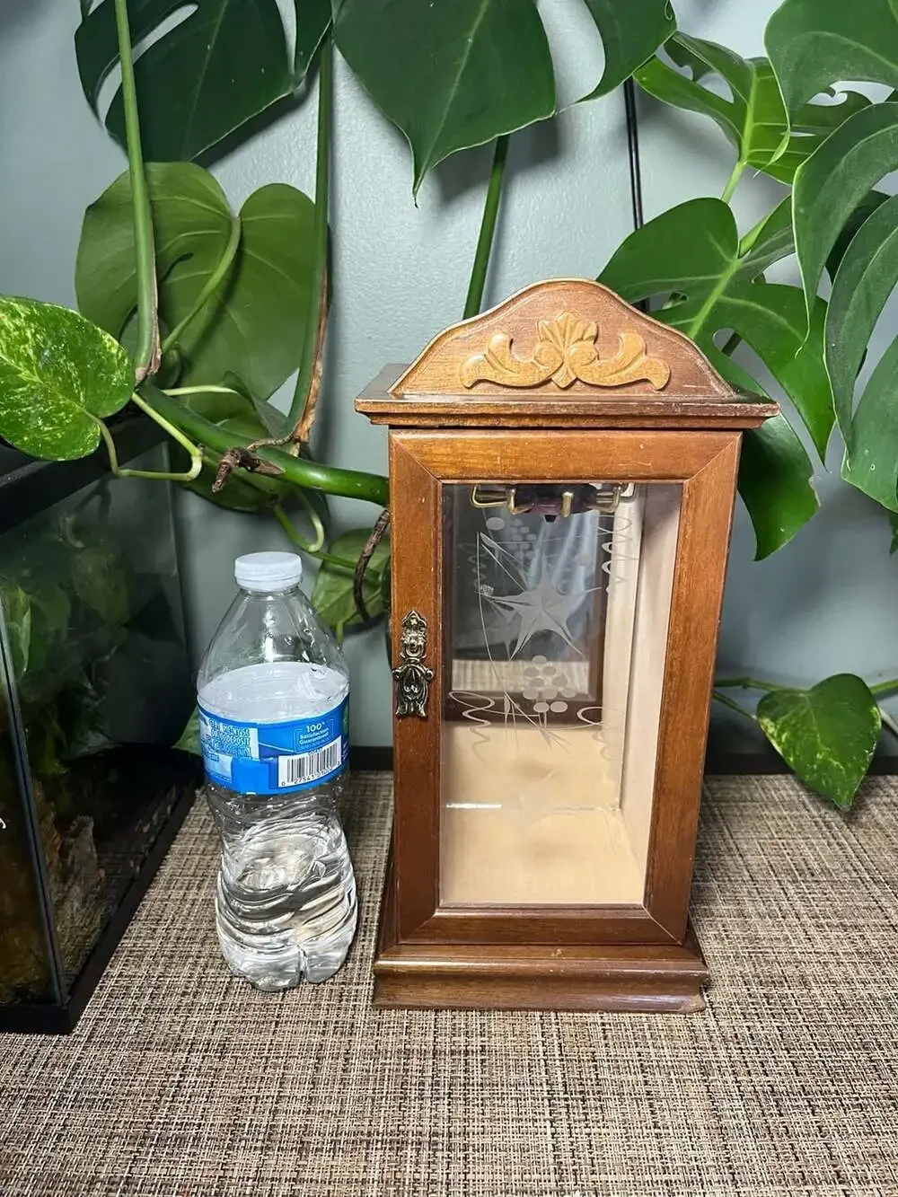 Vintage Wooden Jewelry Cabinet with Etched Glass Door